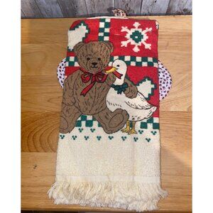Vintage Leshner 3 Piece Kitchen Towel Set Christmas Teddy Bear Duck Goose USA